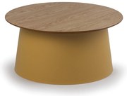 Plastový kávový stolík SETA s drevenou doskou, priemer 69 cm, dub/okrová