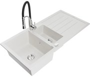 Mexen Andres, 1,5-komorový granitový drez 1000x500x200 mm a drezová batéria Aster, biela, 6515-20-73450-07
