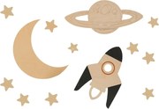 Vesmírna drevená nástenná dekorácia pre deti – Mesiac, raketa, Saturn + 10 hviezd