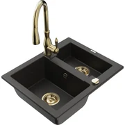 Mexen Carlos, 1,5-komorový granitový drez 582x475x177 mm a drezová batéria Savita, čierna-zlatá metalíza, 6518-75-672601-50