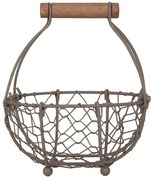 Hnedý drôtený dekoračný košík s dreveným držadlom - Ø 14*7/17 cm