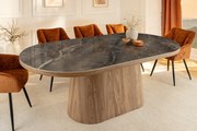 Jedálenský stôl UNIQUE 200 cm oválny rám z orechového dreva s dyhovanou keramickou doskou z sivej mramorovej dosky
