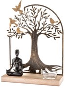 Kovový svietnik na čajovú sviečku s dreveným podstavcom Budha, 17 x 23,5 x 6 cm