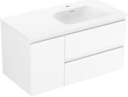 Mexen Rivel, kúpeľňová skrinka 90 cm s pravým umývadlom Vela, 2S, 1D, drážkovaná, biela matná, 91A23-09047-3-BBFFF01-W23P01