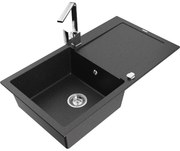 Mexen Leo, drez granitový 900x500x190 mm, 1-komorový, čierna - strieborná metalíza s chrómovým sifónom a chrómová drezová batéria Rita, 6501-73-670300-00