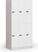 Šatníková skrinka S1 s úložnými boxmi, 6 boxov, 1850 x 900 x 500 mm, mechanický kódový zámok, laminované dvere, biela