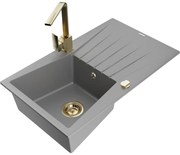 Mexen Cesar, granitový drez 775x470x190 mm, 1-komorový, šedá so zlatým sifónom a zlatá drezová batéria Rita, 6514-71-670300-50