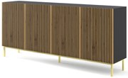 Komoda F 3D3S 200 Rowanna (čierna + dub artisan + zlatá). Akcia -20%. Vlastná spoľahlivá doprava až k Vám domov. 1125072