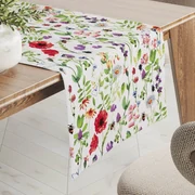 Biante Bavlnený behúň na stôl Sandra SA-608 Červeno-fialové lúčne kvety s motýlikmi a čmeliakmi na bielom 20x120 cm