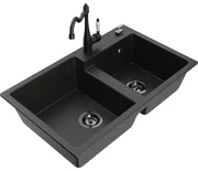 Mexen Tomas, granitový drez 800x500x190 mm, 2-komorový a drezová batéria Carla, čierna-zlatá metalíza, 6516-75-670700-70-B