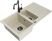 Mexen Matias granitový 1,5-komorový drez s odkvapkávačom a kuchynskou batériou Carla, Béžová - 6502-69-670700-70