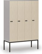 Drevená šatníková skrinka S4 s podnožou, 4 oddiely, 1871 x 1200 x 500 mm, demont, mechanický kódový zámok, sivá/breza