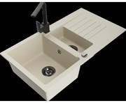 Mexen Matias granitový 1,5-komorový drez s odkvapkávačom a kuchynskou batériou Rita, Béžová - 6502-69-670300-70