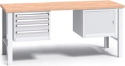 Pracovný stôl do dielne G3 so závesným boxom a skrinkou na náradie, buková škárovka, 4 zásuvky, pevné kovové nohy, 2000 mm, sivá