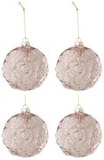4ks ružová vianočná sklenená ozdoba s ružami a trblietkami M - Ø 10 cm