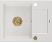 Mexen Enzo, granitový drez 576x465x174 mm, 1-komorový, biela so zlatým sifónom, 6506571005-20-G