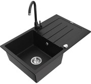 Mexen Bruno, 1-komorový granitový drez s odkvapkávačom 80x50 cm a kuchynskou batériou Telma, čierna, 6513-77-670200-70