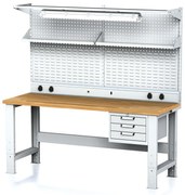 Alfa 3 Nastaviteľný dielenský stôl MECHANIC I + závesný box, nadstavba, polica, el. zásuvky a osvetlenie, 3 zásuvky, 2000x685x700-1055 mm, sivé