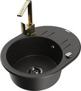 Mexen Kevin granitový jednokomorový drez s odkvapkávačom a kuchynskou batériou Rita, Čierna/Zlatá metalíza - 6517-75-670300-50-B