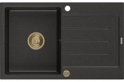 Mexen Bruno, granitový drez 795x495x200 mm, 1-komorový, čierna so zlatou metalízou a zlatým sifónom, 6513791010-75-G