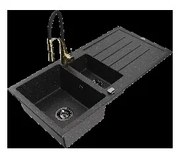 Mexen Andres granitový 1,5-komorový drez s odkvapkávačom a kuchynskou batériou Aster, Čierna/Strieborná - 6515-73-73450-57-B