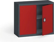 Plechová policová skriňa na náradie KOVONA, 800 x 950 x 400 mm, 1 polica, grafit/červená
