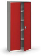Plechová policová skriňa na náradie KOVONA, 1950 x 950 x 400 mm, 4 police, sivá/červená