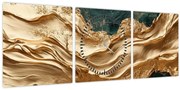 Obraz - Zelená abstrakcia so zlatom II. (s hodinami) (90x30 cm)