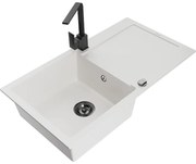 Mexen Leo granitový jednokomorový drez s odkvapkávačom a kuchynskou batériou Rita, Biela - 6501-20-670300-70