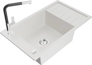 Mexen Elias granitový jednokomorový drez s odkvapkávačom a kuchynskou batériou Flora, Biela - 6511-20-670401-07