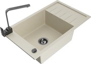 Mexen Elias granitový jednokomorový drez s odkvapkávačom a kuchynskou batériou Rita, Béžová - 6511-69-670300-70
