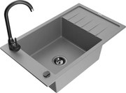 Mexen Elias granitový jednokomorový drez s odkvapkávačom a kuchynskou batériou Telma, Šedá - 6511-71-670200-70-B