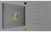 Mexen Cesar granitový jednokomorový drez s odkvapkávačom 775 x 470 mm, Šedá, Sifón Zlatá - 6514771010-71-G