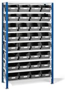 Regál MIX s 32 šedými plastovými boxami REACH, 1740x1000x400 mm