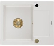 Mexen Enzo granitový jednokomorový drez s odkvapkávačom 576 x 465 mm, Biela, Sifón Zlatá - 6506571005-20-G