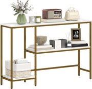 HOMCOM konzolový stolík 120 × 30 × 76,5 cm, 3-poschodový s mramorovým efektom, biely/zlatý | Aosom