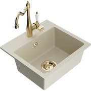 Mexen Milo, granitový drez 435x410x171 mm, 1-komorový a drezová batéria Carla, béžová, 6505-69-670700-50