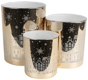 Set 3ks zlatý sklenený svietnik s domčekmi - Ø 7*8 / Ø 9*10 / Ø 10*12 cm