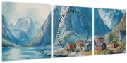 Obraz - Nórska dedinka (s hodinami) (90x30 cm)