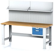 Alfa 3 Nastaviteľný dielenský stôl MECHANIC I, závesný box na náradie, nadstavba, polica, 2 zásuvky, 2000x685x700-1055 mm, modré
