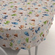 Biante Detský bavlnený oválny obrus Sandra SA-656 Modro-zeleno-hnedé dinosaury na svetlo sivom 50x100 cm