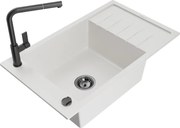 Mexen Elias granitový jednokomorový drez s odkvapkávačom a kuchynskou batériou Flora, Biela - 6511-20-670401-70-B