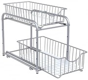 Organizér do kuchyne, 2 výsuvné košíky, stohovateľný, strieborný, 31,5x21x36,5cm