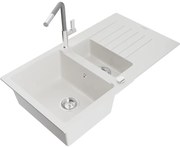 Mexen Matias, 1,5-komorový granitový drez 900x505x200 mm a drezová batéria Flora, biela, 6502-20-670401-06