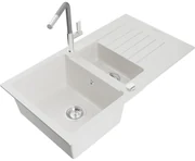 Mexen Matias, 1,5-komorový granitový drez 900x505x200 mm a drezová batéria Flora, biela, 6502-20-670401-06