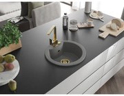 Mexen Diego, 1-komorový granitový drez 488x488x167 mm, zlatý sifón, zlatá lesklá batéria Rita, šedá, 6512-71-670300-50