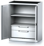 Policová dielenská skriňa 2-dverová MECHANIC, 1 polica, 2 zásuvky, 920 x 500 x 1170 mm, sivé dvere