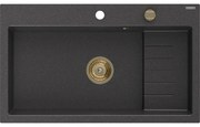 Mexen Omar, 1-komorový granitový drez 800x480x210 mm, čierna škvrnitá, zlatý sifón, 6520801005-76-G