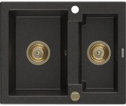 Mexen Carlos, granitový drez 582x475x177 mm, 1,5-komorový, čierna-zlatá metalíza so zlatým sifónom, 6518581500-75-G