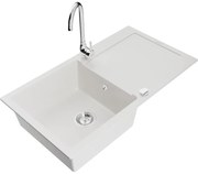 Mexen Leo, 1-komorový granitový drez s odkvapkávačom 90x50 cm a kuchynskou batériou Telma, biela, 6501-20-670200-00
